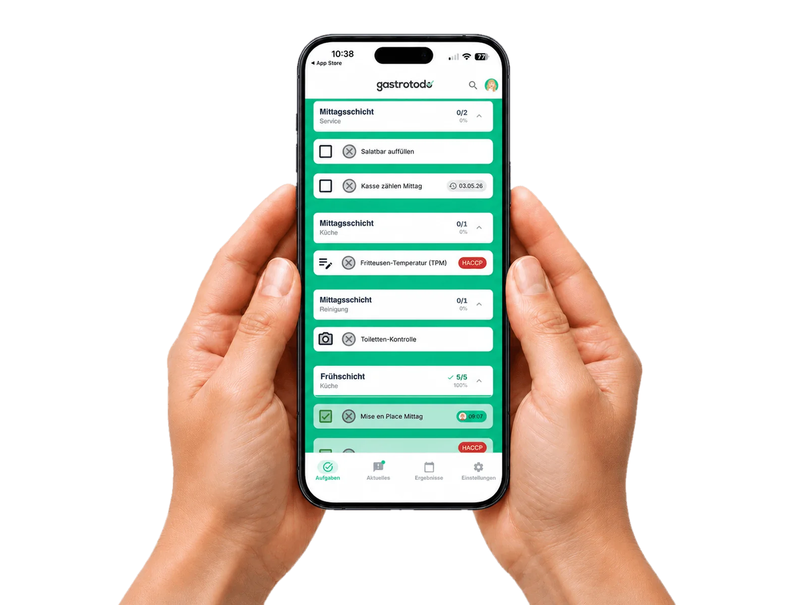 gastrotodo-app på iPhone — vagt-tjekliste med afsluttede HACCP- og rengøringsopgaver
